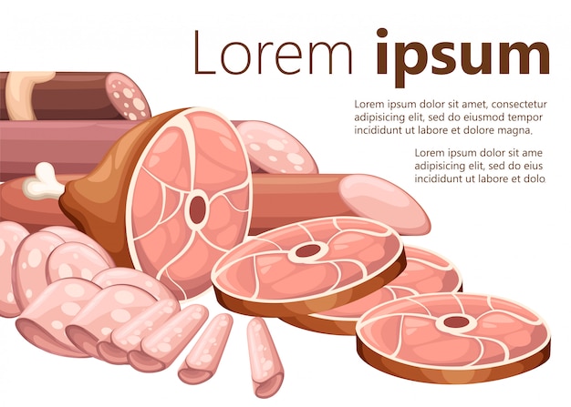 Colección de productos cárnicos, salchichas, jamón de carne ahumada e ilustración de piezas en rodajas sobre fondo blanco con lugar para la página del sitio web de texto y la aplicación móvil