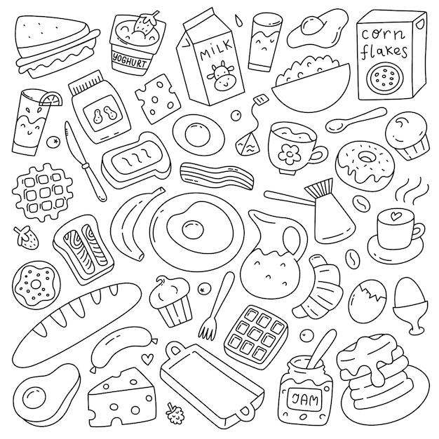Colección de productos de comida para el desayuno Café con toast Iconos de mermelada Conjunto de garabates vectoriales