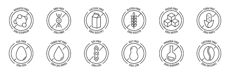 Vector colección de productos libres de alérgenos. ingredientes libres de alérgenos