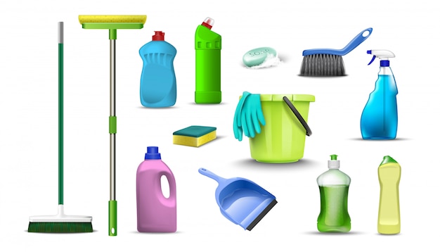 Vector colección de productos de limpieza para el hogar. aislado en blanco