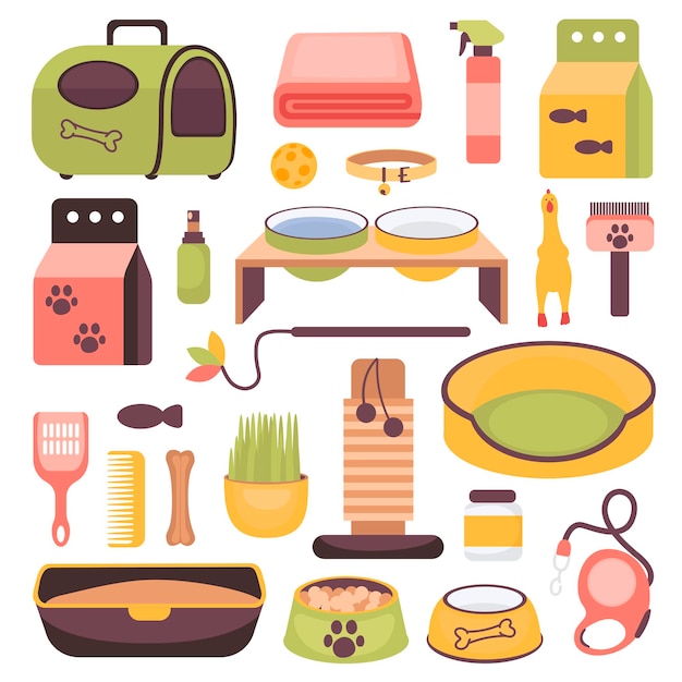 Colección de productos de tienda de mascotas para perros y gatos aislados
