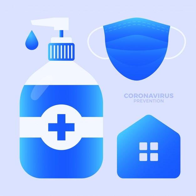 Colección de protección contra coronavirus. quédese en casa, use mascarilla, use desinfectante para manos. prevención