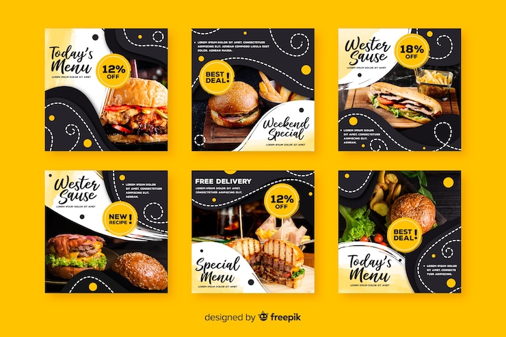Vector colección de publicaciones culinarias de instagram con foto.