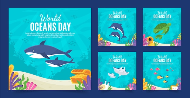 Vector colección de publicaciones de ig planas dibujadas a mano del día mundial de los océanos