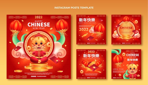 Vector colección de publicaciones de instagram de año nuevo chino degradado
