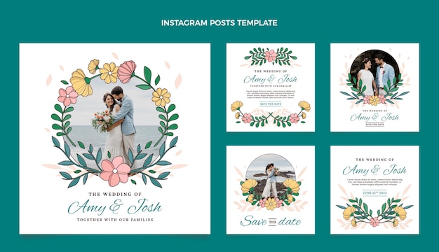 Vector colección de publicaciones de instagram de boda dibujadas a mano