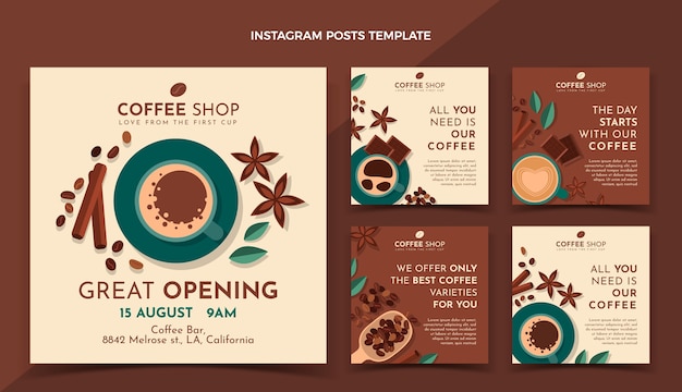 Vector colección de publicaciones de instagram de cafetería de diseño plano