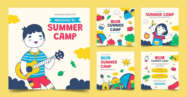 Colección de publicaciones de instagram de camping de verano dibujadas a mano