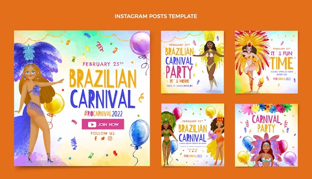 Colección de publicaciones de instagram de carnaval de acuarela