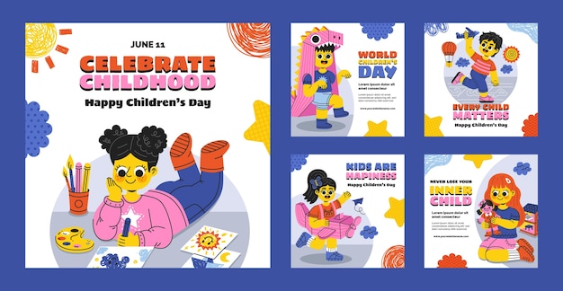 Colección de publicaciones de instagram para la celebración del día internacional del niño