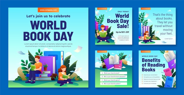 Vector colección de publicaciones de instagram para la celebración del día mundial del libro