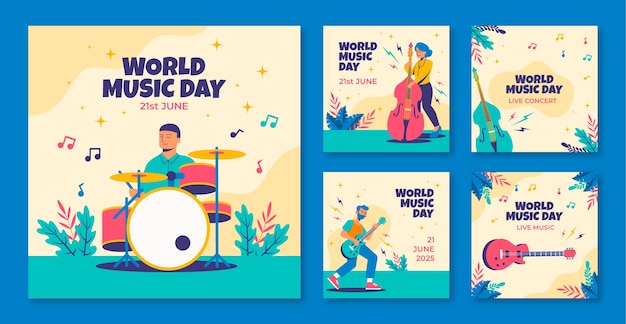 Vector colección de publicaciones de instagram para la celebración del día mundial de la música