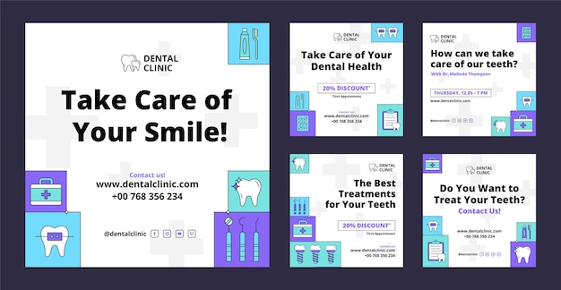 Vector colección de publicaciones de instagram de clínica dental plana