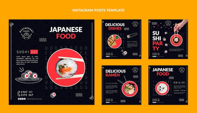 Vector colección de publicaciones de instagram de cocinas asiáticas planas