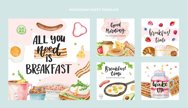 Vector colección de publicaciones de instagram de comida en acuarela