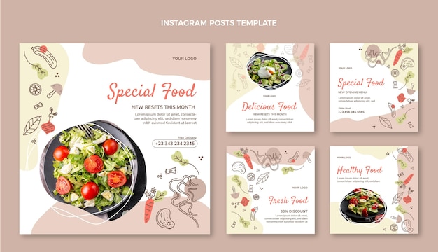 Vector colección de publicaciones de instagram de comida dibujadas a mano