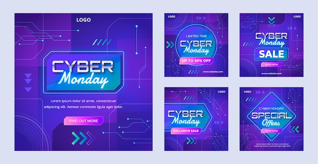 Vector colección de publicaciones de instagram de cyber monday gradiente