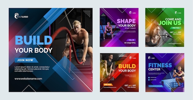 Vector colección de publicaciones de instagram degradadas para gimnasio y ejercicio