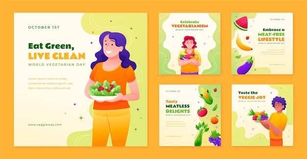 Colección de publicaciones de instagram en degradado para la celebración del día mundial del vegetariano