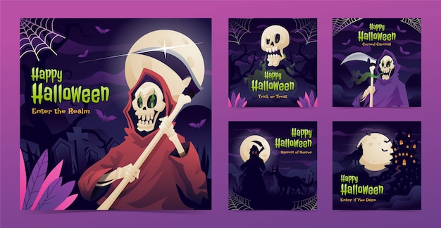 Vector colección de publicaciones de instagram en degradado para la temporada de halloween.