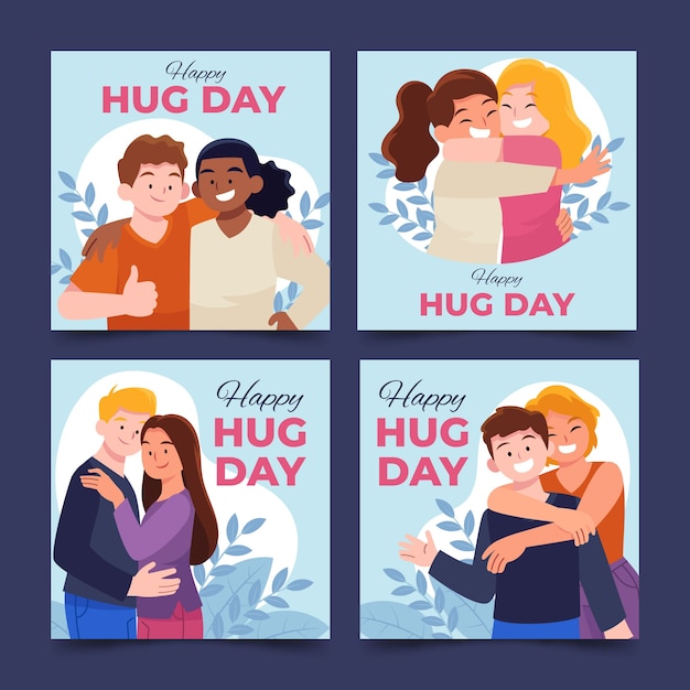 Colección de publicaciones de instagram del día del abrazo plano dibujado a mano