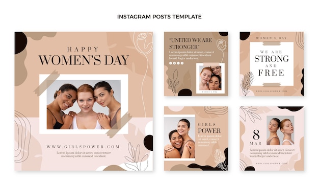 Vector colección de publicaciones de instagram del día internacional de la mujer dibujadas a mano