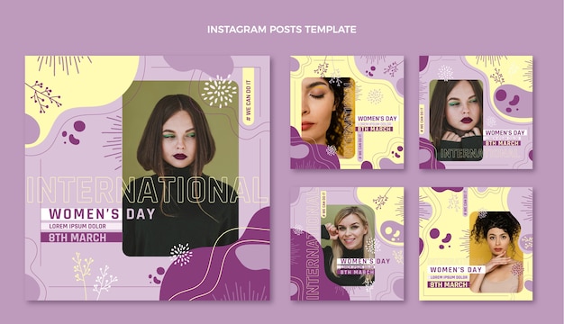 Vector colección de publicaciones de instagram del día internacional de la mujer dibujadas a mano