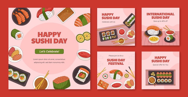 Vector colección de publicaciones de instagram del día internacional del sushi dibujadas a mano