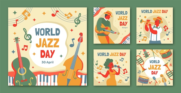 Colección de publicaciones de Instagram del día del jazz en el mundo plano