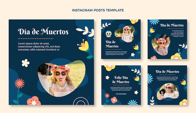 Vector colección de publicaciones de instagram de dia de muertos dibujados a mano