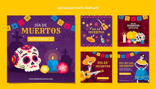 Vector colección de publicaciones de instagram de dia de muertos dibujados a mano