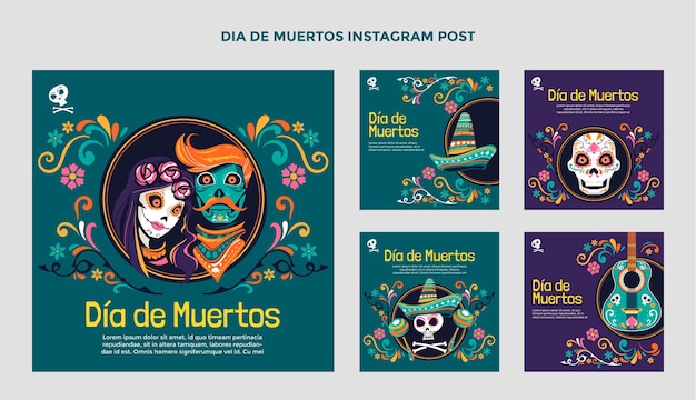 Vector colección de publicaciones de instagram de dia de muertos dibujados a mano