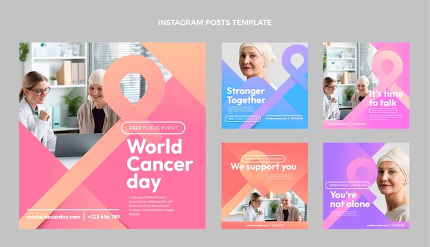 Vector colección de publicaciones de instagram del día mundial del cáncer gradiente