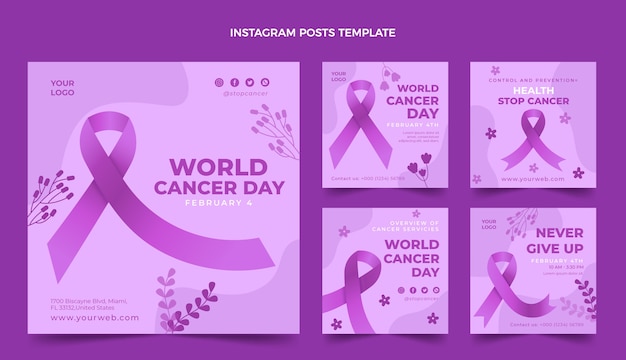 Vector colección de publicaciones de instagram del día mundial del cáncer gradiente