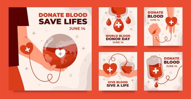 Vector colección de publicaciones de instagram para el día mundial del donante de sangre