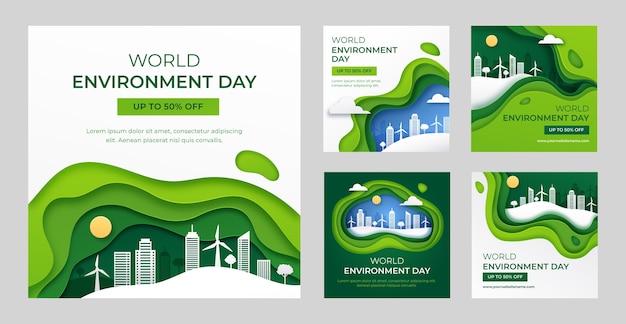 Vector colección de publicaciones de instagram del día mundial del medio ambiente estilo papel