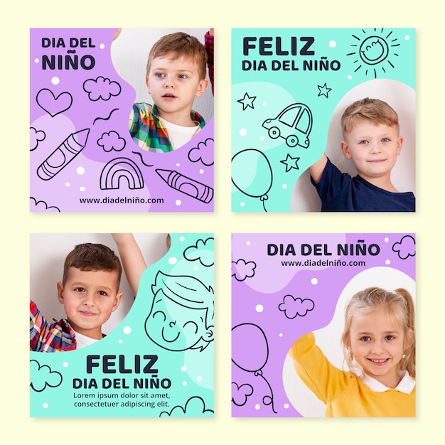 Vector colección de publicaciones de instagram del día del niño dibujadas a mano en español