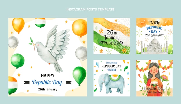 Vector colección de publicaciones de instagram del día de la república en acuarela