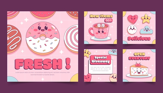 Colección de publicaciones de Instagram dibujadas a mano al estilo kawaii