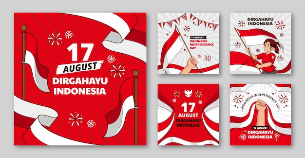 Colección de publicaciones de Instagram dibujadas a mano para la celebración del Día de la Independencia de Indonesia