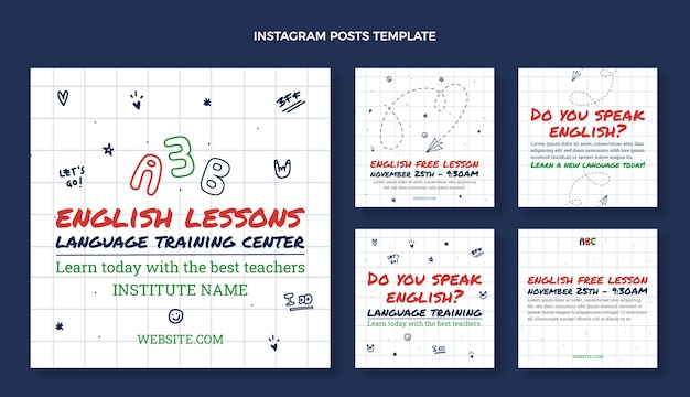 Colección de publicaciones de instagram dibujadas a mano para lecciones de aprendizaje de inglés