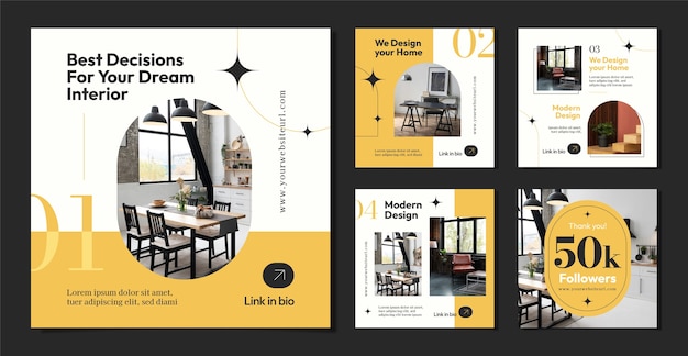 Vector colección de publicaciones de instagram de empresa de diseño de interiores planos