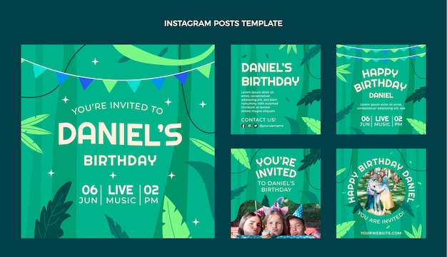 Colección de publicaciones de instagram de fiesta de cumpleaños de jungla plana