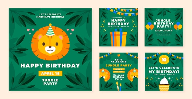 Vector colección de publicaciones de instagram de fiesta de cumpleaños de jungla plana