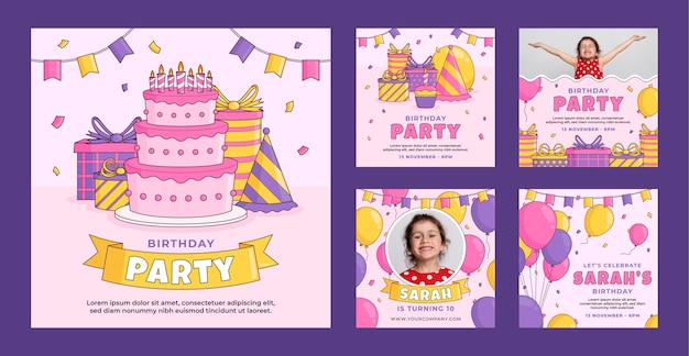 Colección de publicaciones de instagram de fiesta de cumpleaños para niños