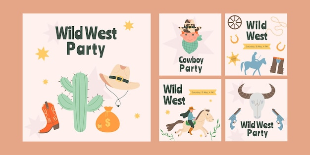 Colección de publicaciones de Instagram de la fiesta del oeste salvaje de estilo plano