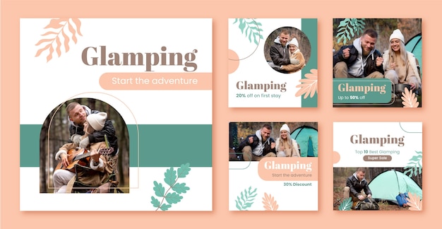 Colección de publicaciones de instagram de glamping plano