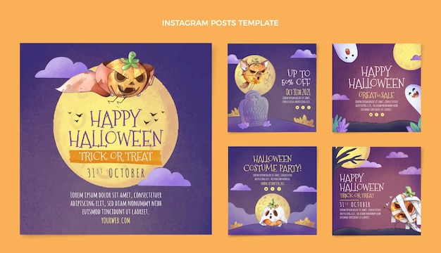 Vector colección de publicaciones de instagram de halloween en acuarela