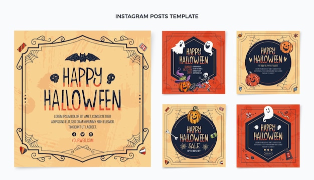 Colección de publicaciones de instagram de halloween dibujadas a mano