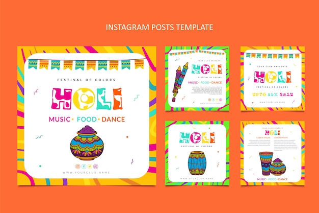 Vector colección de publicaciones de instagram holi dibujadas a mano